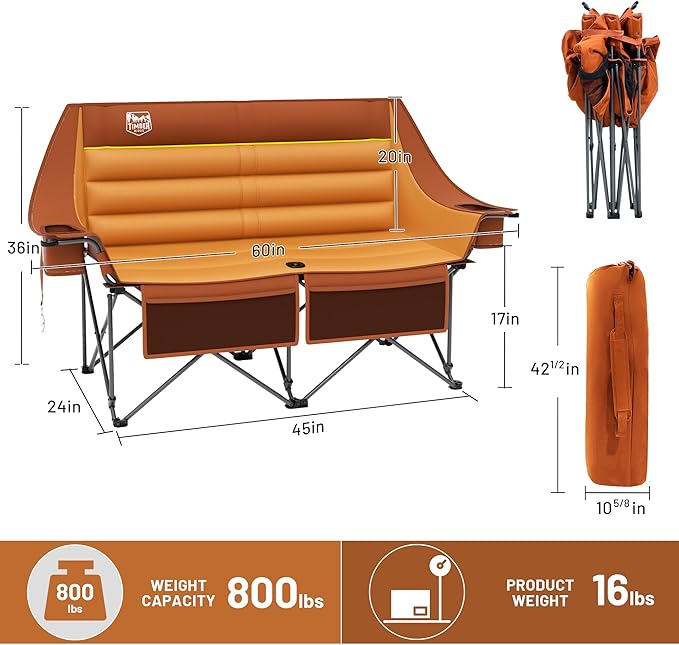 Timber Ridge Double Camping Chair, Heavy Duty Outdoor Folding Camp Couch, Loveseat Camping Chairs Perfect for Campsites, Patio/Lawn, Soccer Games or Other Youth Sports, Supports 600 lbs