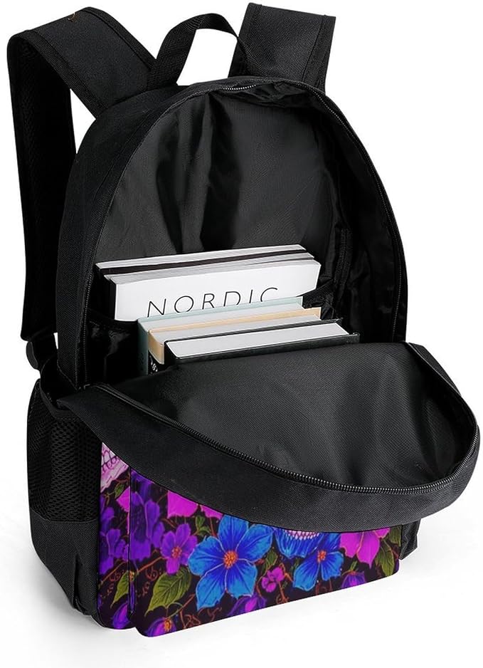 Lightweight Daypack Backpack for Trekking Work Running, Big Capacity Multipurpose Anti-Theft Bookbag, Purple Psychedelic Mexican Sugar Skulls Day Of The Dead Floral Flowers Business Computer Bag
