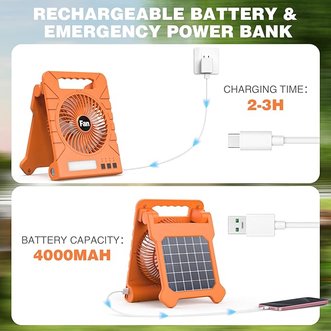 Portable Solar Camping Fan, 4000mAh Rechargeable Battery Fan with LED Lantern, 4 Speeds & Timers, Quiet Fan for Outdoor, Tent, Fishing, Chicken Coop, Emergency, Worksite