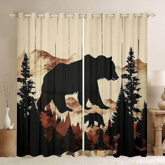 jejeloiu Bear Silhouette Mountain Curtains for Bedroom Living Room Rustic Wood Bear Pine Tree Pattern 30%-50% Blackout Darkening Drapes Pine Tree Window Treatments, 2 Panels 38 x 45 Inch Wildlife Room
