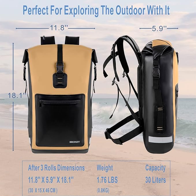 Waterproof Backpack Waterproof Bag Dry Bags 30L Roll Top Closure Travel Bags For Kayaking Camping Boating Hiking Beach (Khaki)