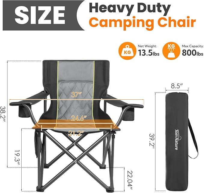 Outdoor Large Camping Chairs for Adults, Heavy Duty Camp Chair Support 800lbs, King Kong Folding Chairs with Padded and Pocket for Outside, Sports, Lawn, Built Durable and Reliable, Black