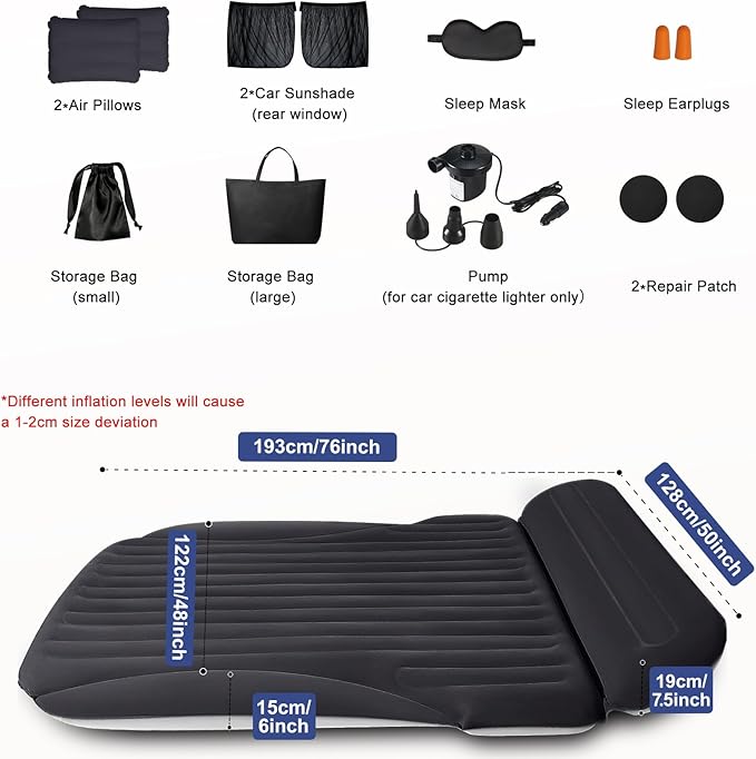 SUV Air Mattress, Double-Sided Thick Flocked Car Air Mattress with Built-in Pump & Pillow, Complete Sleeping Accessories for Auto Camping & Road Trips（Blue Black）