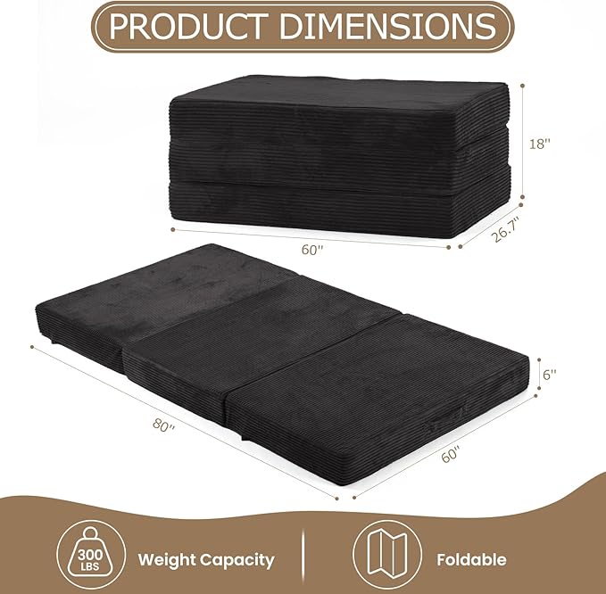 6-Inch Tri-Fold Mattress Queen Size - Foldable Futon Sofa Bed with Removable Washable Cover, Folding Memory Foam Futon Mattress | Non-Slip Bottom & Carry Handles for Guest, Camping, Dorm