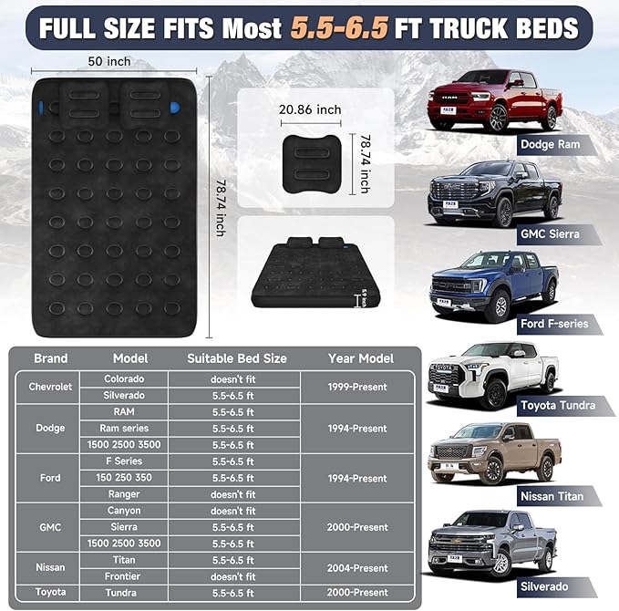 Umbrauto Air Mattress for 5.5-6.5 ft Short Bed Full-Size Trucks, Pickup Truck Airbed Mattress with Corded Air Pump for Outdoor Travel