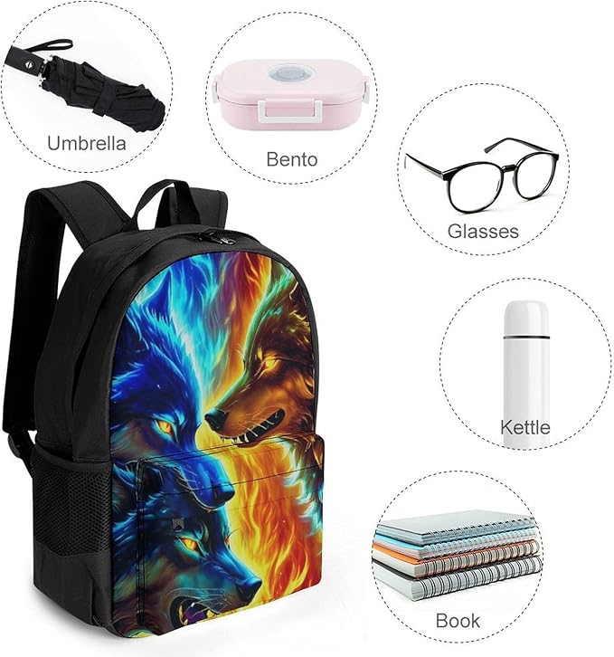 Supdreamc Rucksack Multipurpose Anti-Theft Big Capacity Shoulder Bag, Ice And Fire Flaming Cool Wolf Travel Hiking Camping Rucksack With Side Pockets