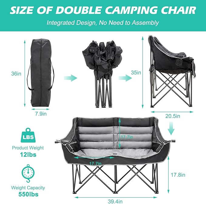 DoCred Double Camping Chair - Oversized Loveseat, 2 Person Camping Chair for Adults Heavy Duty,Two Person Folding Chair with Cup Holder, Supports up to 500 LBS for Outside Picnic Beach Travel
