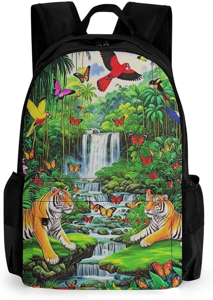 Supdreamc Daypack Bookbag Multipurpose Anti-Theft Big Capacity Carry On Bag, King Of The Tiger Tropical Rainforest Landscape Jungle Parrot Birds Travel Hiking Camping Rucksack With Padded Straps