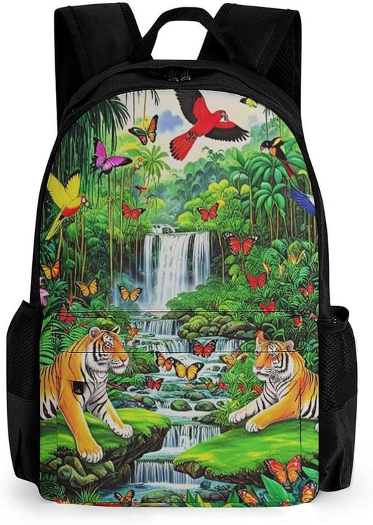 Supdreamc Daypack Bookbag Multipurpose Anti-Theft Big Capacity Carry On Bag, King Of The Tiger Tropical Rainforest Landscape Jungle Parrot Birds Travel Hiking Camping Rucksack With Padded Straps