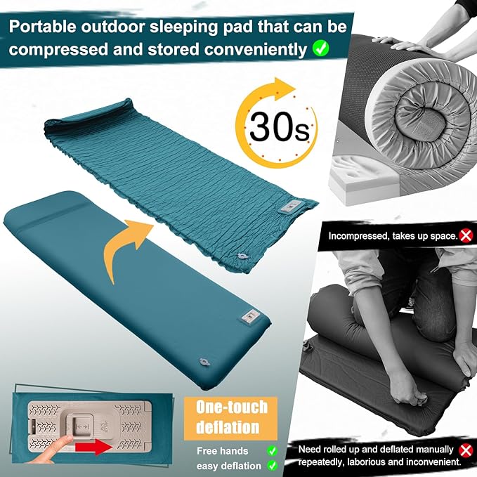 Self Inflating Sleeping Pad with Electric Pump, 3.14" Ultra-Thick Memory Foam Camping Mattress Pad with Pillow Fast Inflating in 30s,9.5 R-Value Insulated Camping Pad for Camping Car Travel, Blue