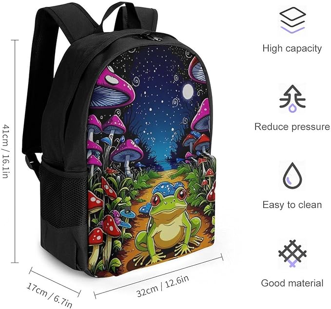 Supdreamc Men Women Lightweight Psychedelic Magic Mushrooms Frog Trippy Art Backpack Large Capacity Bookbag With Smooth Zippers for Gym Business Running