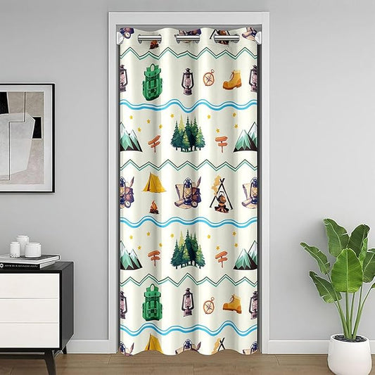 Happy Camping Adventure Door Curtain,Tent Bonfire Campfire Camper RV Blackout Curtain,Star Pine Tree Mountain Natural Bedroom Doorway Living Room Decor,Beige Privacy Door Drape 1 Panel,42" W X 84" L