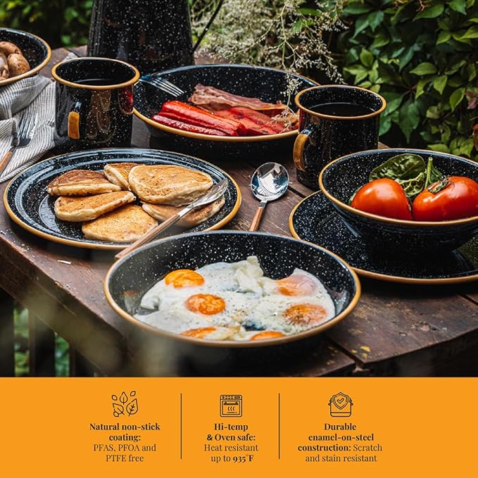 Granite Ware 12-Piece Outdoor Set, Enameled Steel, Perfect for Camping & Picnics - Speckled Black with Color Rim