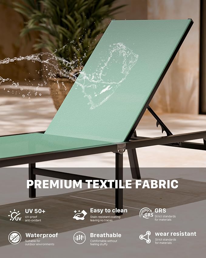 Aluminum Chaise Foldable Patio Lounge Chair Outdoor, Metal Deck Lounger Adjustable 5-Position Recliner Pool Chase Breathable Full Flat Outside Sun Tanning Chairs for Beach/Poolside/Lawn(Green, 2 Pack)