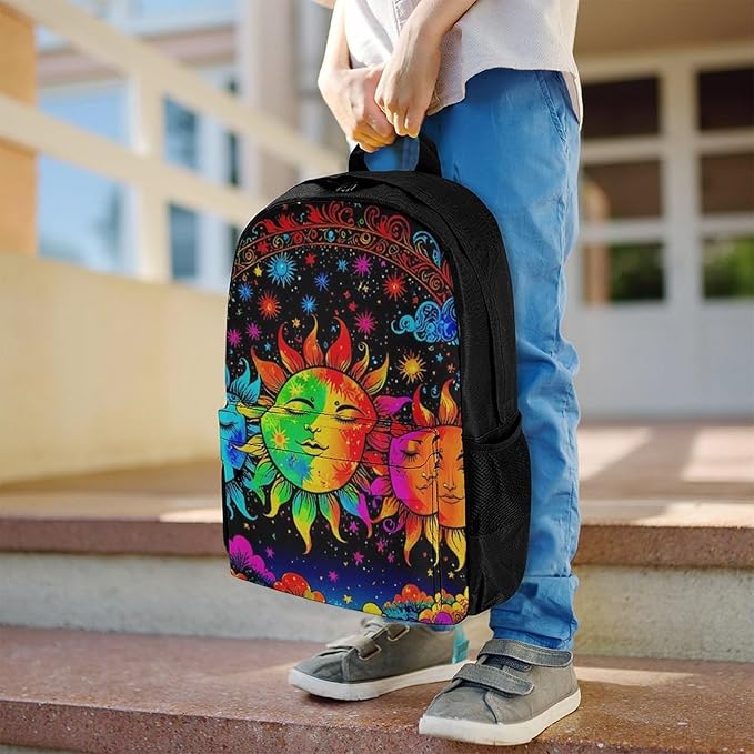 Supdreamc Men Women Polyester Mandala Triple Sun Hippie Trippy Psychedelic Boho Art Daypack Bookbag Big Capacity Shoulder Bag With Padded Straps for Climbing Travel Walking Cycling
