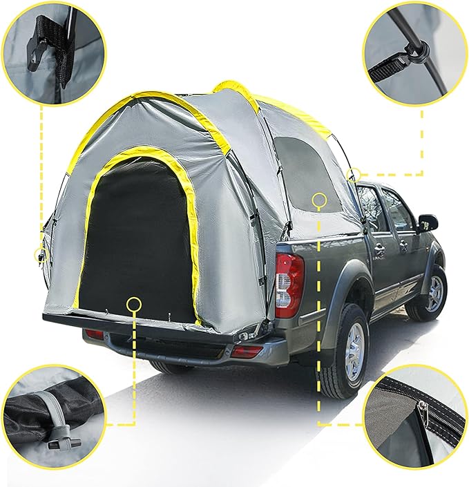 Portable Waterproof Truck Tent PU2000 mm, 6.8' x 5.4' x 5.5' / 8.4' x 5.6' x 5.6' Full Size Truck Tent Camping Hiking Outdoor Oxford Waterproof Pickup Truck Tent can Sleep 2 People, Easy to Install