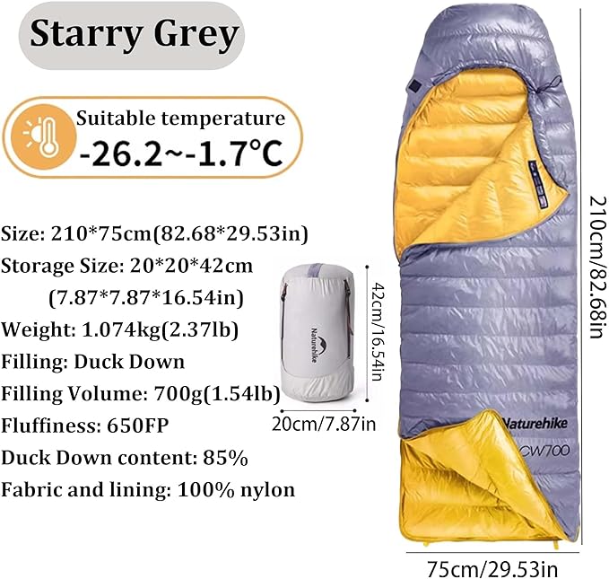 Naturehike CW700[2025 Upgrade] Ultralight Down Sleeping Bag [ -26.2°C~-1.7°C,1074g] All Season Camping Sleeping Bags for Cold Weather Adults Backpacking,Hunting and Campers with Storage Bag