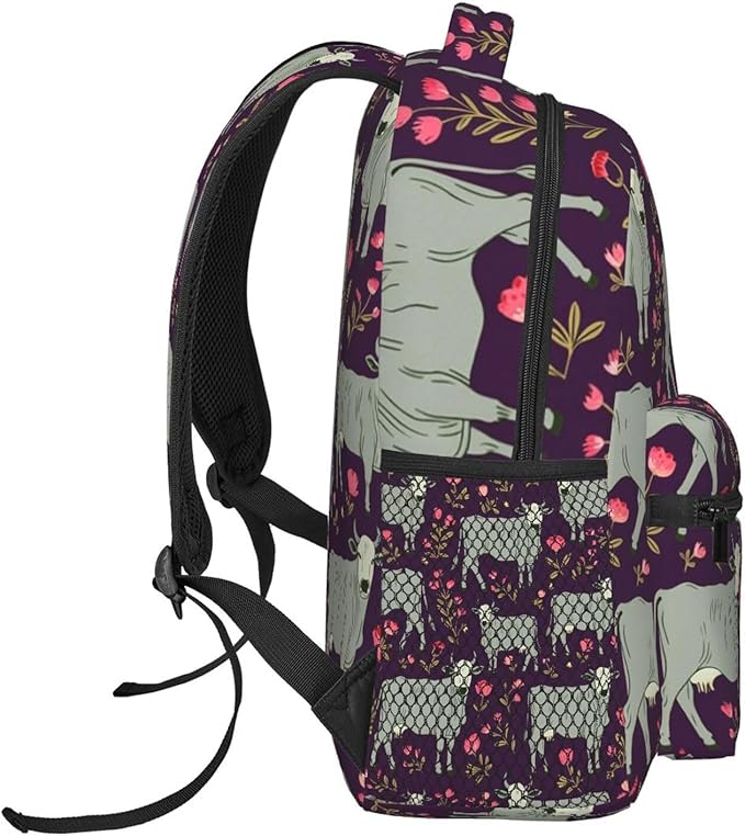 Polyester Daypack for Camping Travel Walking Cycling, Big Capacity Anti-Theft Multipurpose Bookbag, Brahman Cow Floral Camping Outdoor Backpack