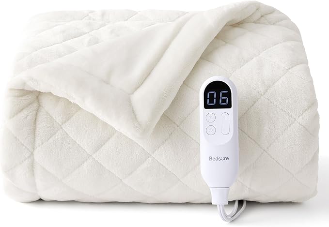 Bedsure Heated Blanket Throw Blanket - Quilted Electric Blanket, Soft Flannel Thick Heating Blanket with 4 Time Settings & 6 Heating Settings, Warm Gifts for Women Men (50x60 inches, Ivory)