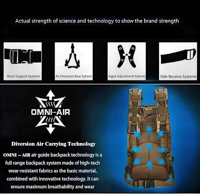30L Comfortable Durable Military Tactical Backpack w/USA Flag Patch, MOLLE Hiking Camping Travel Bag,(Khaki python pattern)