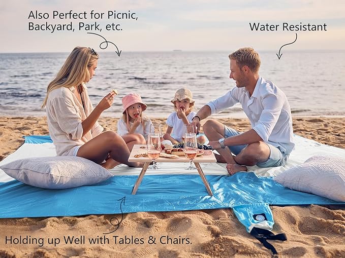 WEKAPO Beach Blanket Sandproof Waterproof, Extra Large Beach Mat, Oversized & Compact Sand Free Mat Quick Drying, Lightweight & Durable with Stakes & Corner Pockets