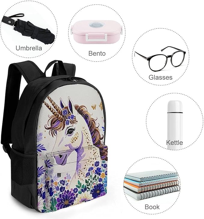 Supdreamc Men Women Polyester Unicorn Purple Flower Daypack Big Capacity Shoulder Bag With Adjustable Shoulder Straps for Camping Travel Walking Cycling