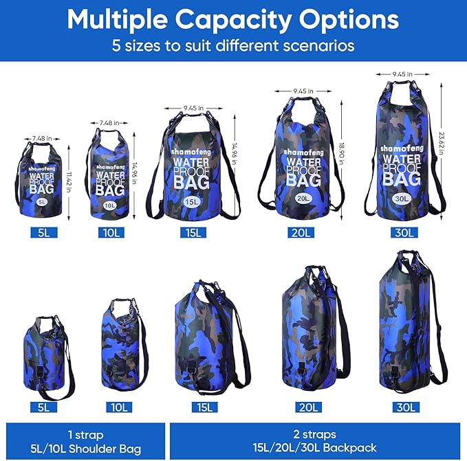 Waterproof Dry Bag 5L/10L/15L/20L/30L Roll Top Dry Storage Backpack with Phone Case, Collapsible Water Bottle, Sunglasses, Ear Band for Kayaking Boating Swimming Fishing Camping,Blue 20L