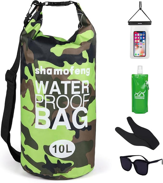 Waterproof Dry Bag 5L/10L/15L/20L/30L Roll Top Dry Storage Backpack with Phone Case, Collapsible Water Bottle, Sunglasses, Ear Band for Kayaking Boating Swimming Fishing Camping, Green 15L