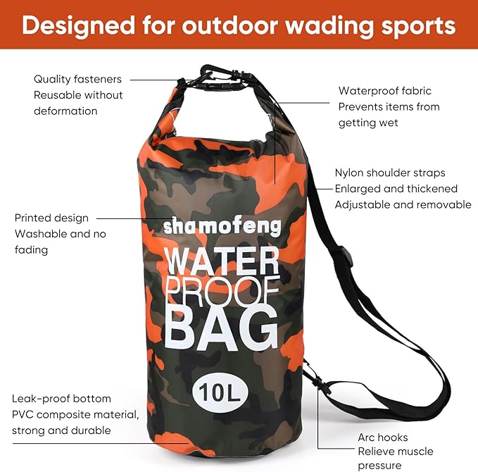 Waterproof Dry Bag 5L/10L/15L/20L/30L Roll Top Dry Storage Backpack with Phone Case, Collapsible Water Bottle, Sunglasses, Ear Band for Kayaking Boating Swimming Fishing Camping, Orange 15L