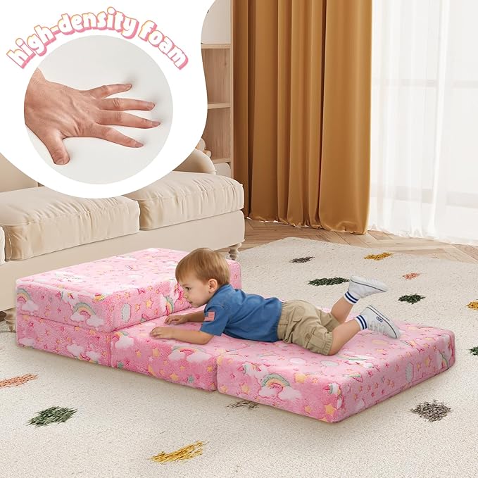 MeMoreCool Kids Folding Mattress, Trifold Mat Foldable Floor Mattress for Kids, 63x26 Portable Floor Mat with Washable Cover and Carry Bag, 4 Inch Foam Medium Firmness, Colorful Unicorn