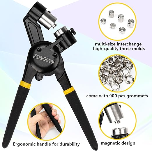 Heavy Duty Grommet Tool Kit of 1/2" 5/16" and 3/8",Multi Size Handheld Eyelet Tool Plier Rivet Press with 900 pcs Silver Grommets for Tarp Leather Fabric