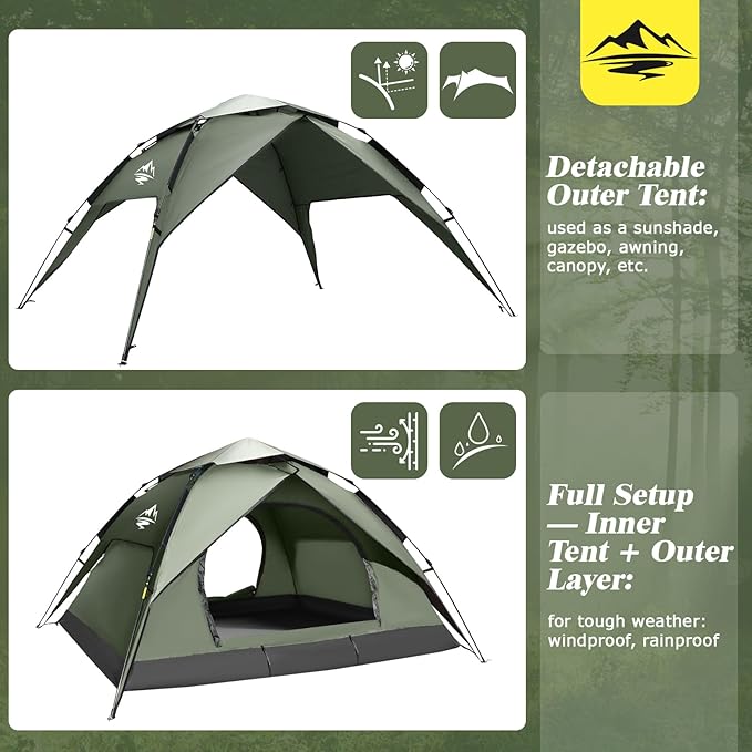 Camping Tent 2/3/4 Person Instant Pop Up Tents for Camping - 40s Automatic Easy Setup Tent with Rainfly, Double-Layer Waterproof & Windproof Instant Tents with Welcome Mat for Camping & Hiking