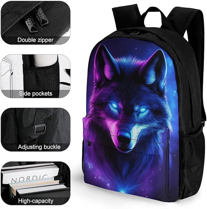 Men Women Polyester Purple Universe Galaxy Magic Wolf In The Space Casual Daypack Large Capacity Carry On Bag With Adjustable Shoulder Straps for Camping Work Running