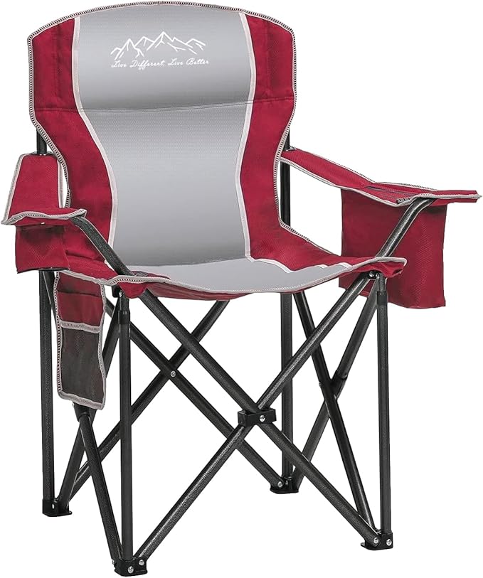 Camping Chair with Cooler Bag, Cup Holder, Storage Pocket, Heavy Duty 450lbs Capacity with Large Anti-Sink Feet, Portable Folding Padded Chair for Outdoor, Beach, Fishing, Sports, Red