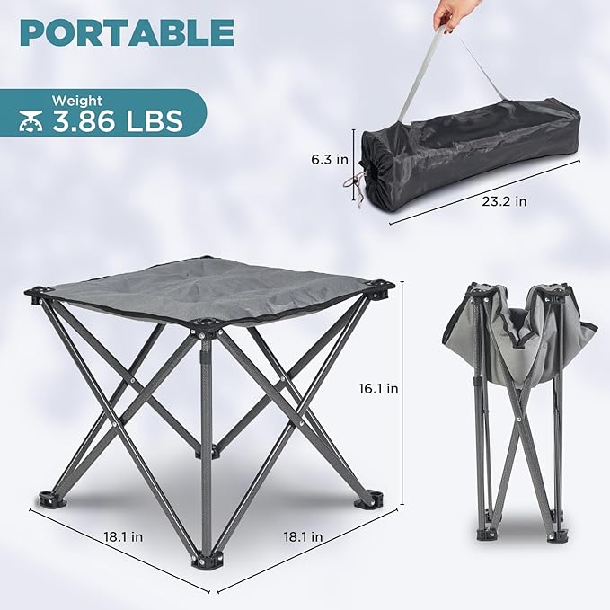 FUNDANGO Folding Camping Stool, 18.1 Inch Oversized Foot Stools 330 Lbs Heavy Duty Portable Padded Seat Anti-Slip Foots & Carry Bag for Fishing Outdoor Lawn Travel (Grey)