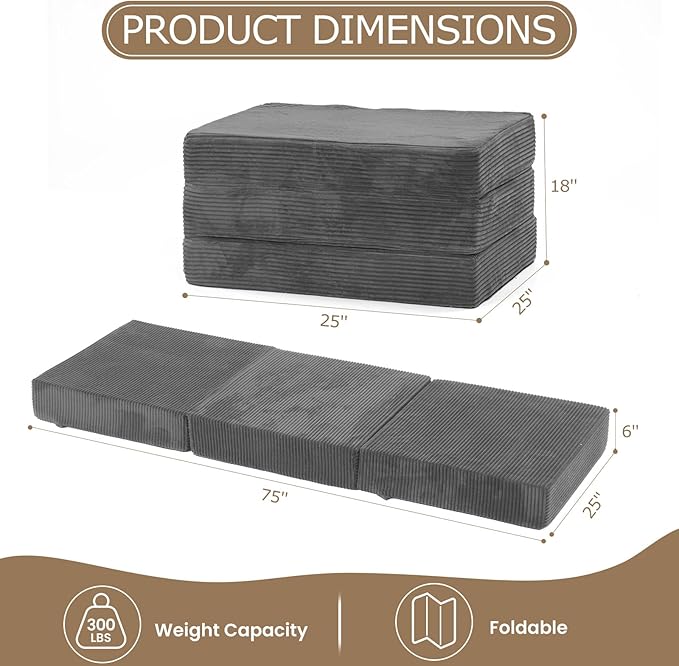 6-Inch Tri-Fold Mattress Single Size - Foldable Futon Sofa Bed with Removable Washable Cover, Folding Memory Foam Futon Mattress | Non-Slip Bottom & Carry Handles for Guest, Camping, Dorm