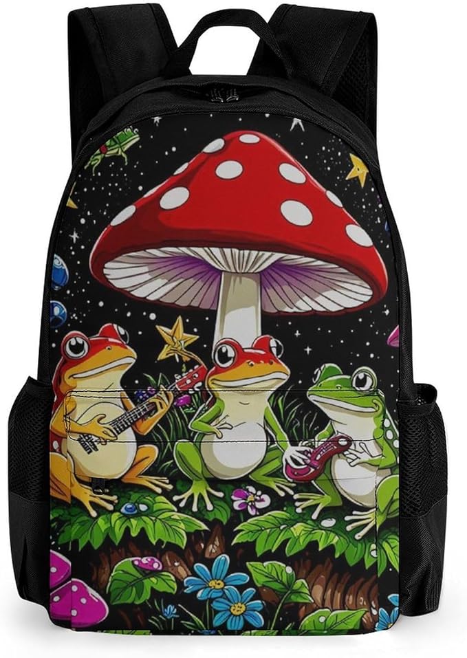 Backpack Anti-Theft Multipurpose Large Capacity Carry On Bag, Psychedelic Mushroom Trippy Magic Frog Art Camping Outdoor Backpack With Side Pockets