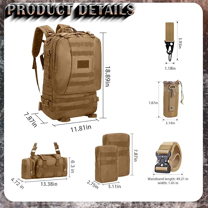 60L Tactical Backpack Military 3-Day Assault Pack, Waterproof Molle System Rucksack with Detachable Bag, Survival Bug Out Backpack for Men & Women(Brown)