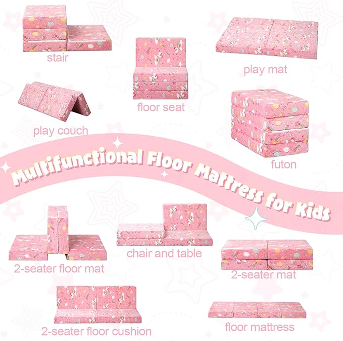 MeMoreCool Kids Folding Mattress, Trifold Mat Foldable Floor Mattress for Kids, 63x26 Portable Floor Mat with Washable Cover and Carry Bag, 4 Inch Foam Medium Firmness, Colorful Unicorn