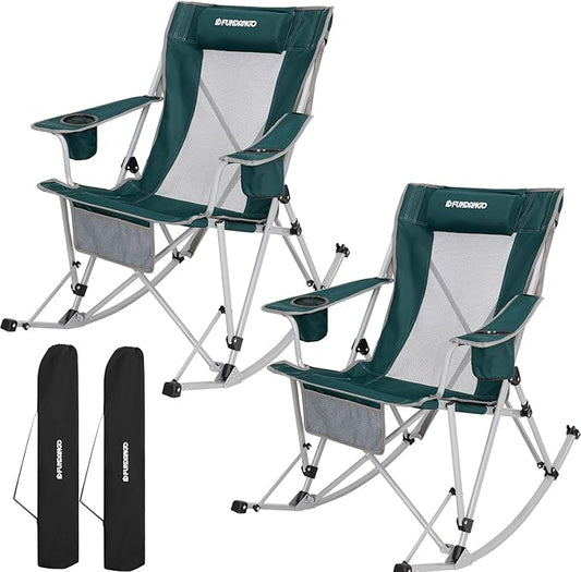 FUNDANGO Rocking Camping Chair, 2 Pack High Mesh Back Portable Folding Camp Chairs with Pillows, Cup Holder and Carry Bag for Lawn Patio Garden Outdoor Supports 300 Lbs (Green/Grey)