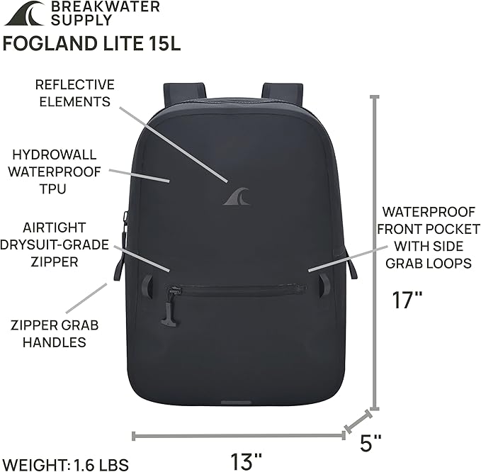 Breakwater Supply™ Fogland Waterproof IP68 Submersible Backpack with Airtight Zippers | Laptop Travel Outdoors | 25L 20L 15L | 100% Waterproof, Submersible, Airtight Zippers, Travel Outdoors