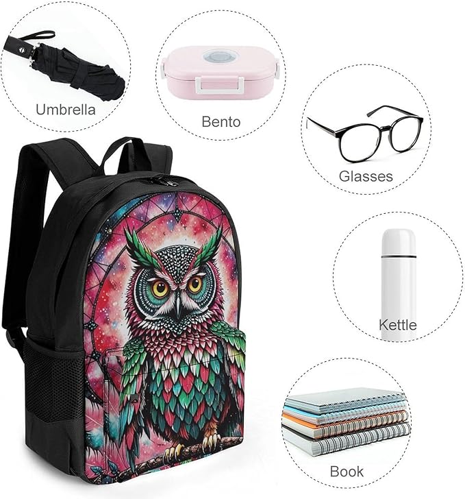 Supdreamc Rucksack Anti-Theft Multipurpose Large Capacity Carry On Bag, Green And Pink Owl Wind Chimes Space Galaxy Travel Hiking Bag Day Pack With Side Pockets