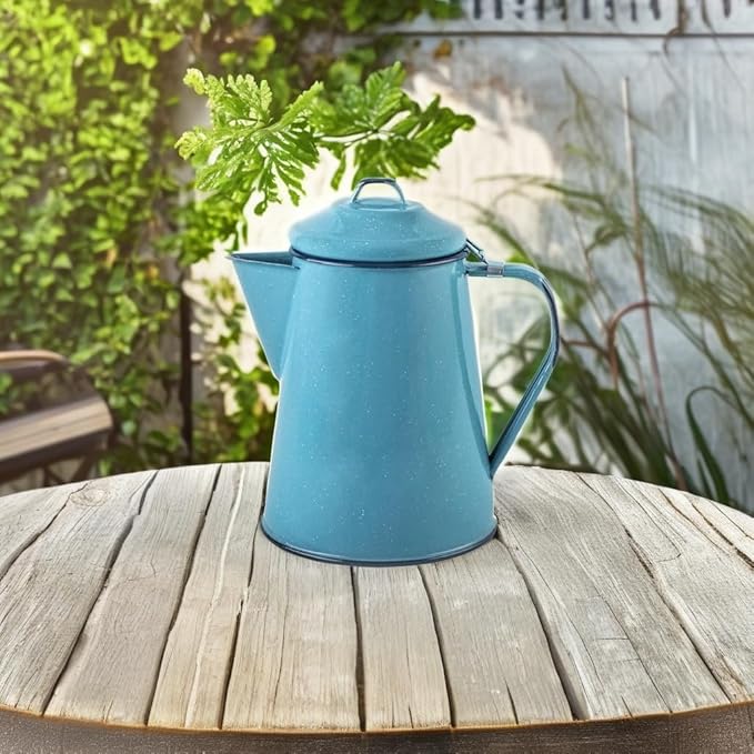Cinsa Enamelware Coffee Pot (Turquoise Color) - 8 Cups - Camping Essentials - Hot Water for Coffee and Tea - Light and Resistant