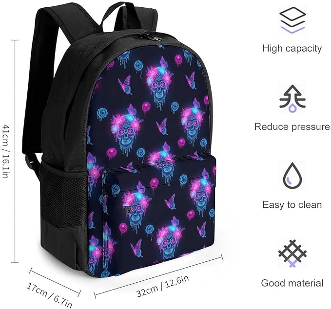 Lightweight Daypack for Camping Business Walking Cycling, Large Capacity Anti-Theft Multipurpose Bookbag, Colorful Rose Butterflies Skulls Gym Outdoor Hiking Backpack