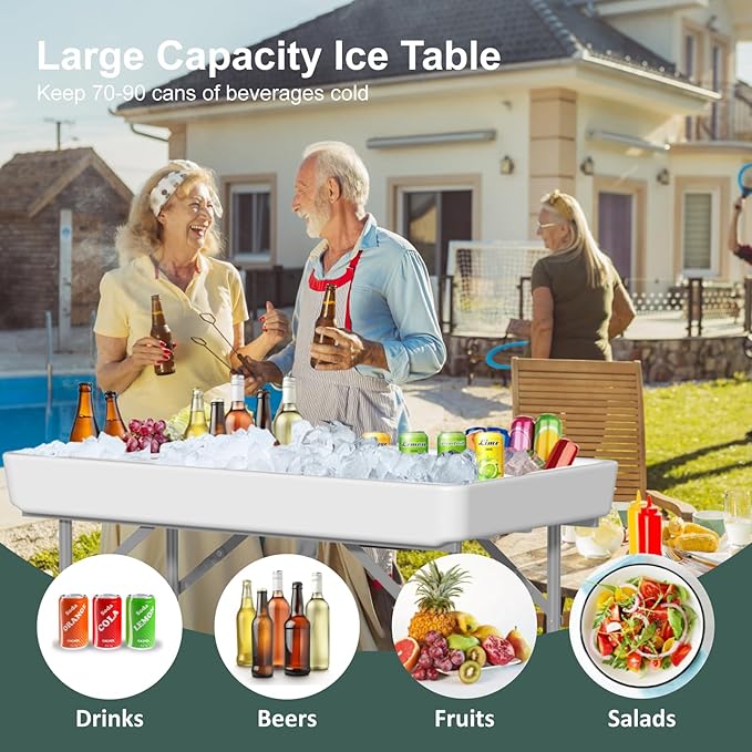 4 Foot Ice Cooler Table, Outdoor Cooler Table with Removable Matching Skirt and Shelf, Folding Ice Tables for Party, BBQ, Camping, Picnic, Portable Foldable Self-Serving Beverage Cooling Bar