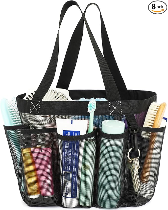 Mesh Shower Caddy Portable for College Dorm Room Essentials, 8-Pocket Large Shower Basket Tote Bag with 2 Handles for Toiletry, Bathroom, Beach, Camp, Gym