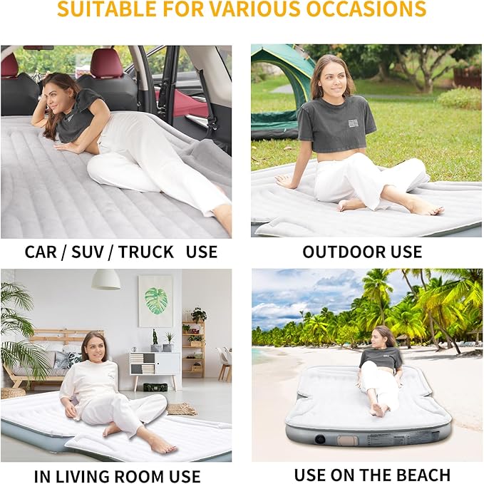 KMZ Portable SUV Air Mattress - Built-in Electric Pump for Fast Inflation - Soft Flocked Surface Car Bed - Ideal for Road Trips & Outdoor Camping - Grey
