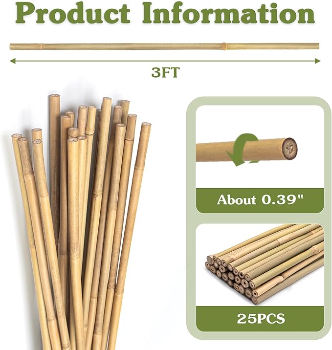 Plant Stakes 3FT, Natural Bamboo Stakes, HAINANSTRY 25Pcs Sturdy Bamboo Garden Stakes, Bamboo Sticks for Plants, Beans, Indoor and Outdoor Climbing Plants, Tomato Vegetable Stakes for Garden