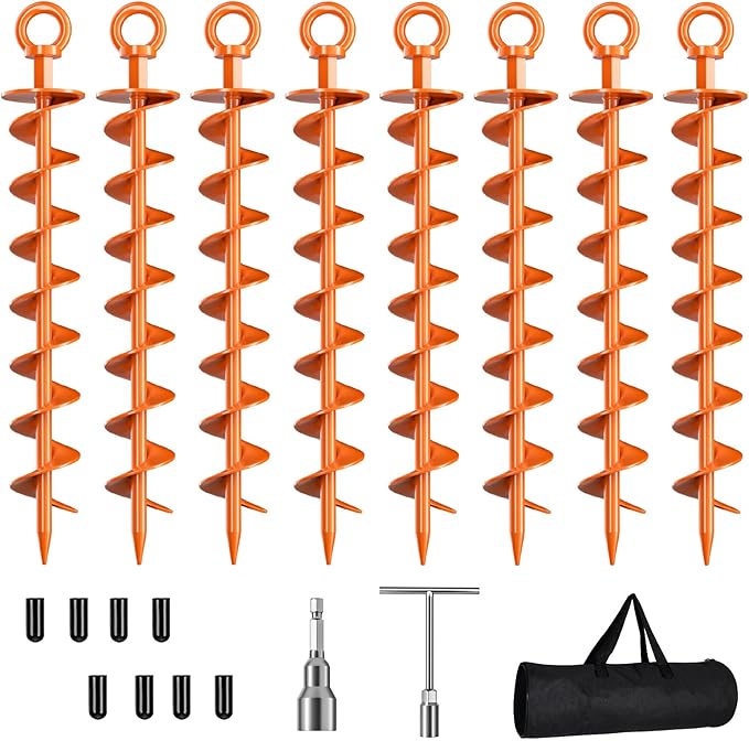 Ground Anchor Screw in, 8 Pack Spiral Trampoline Anchors with Nut and Tool Swing Set Anchors Tent Stakes High Wind Heavy Duty for Sheds, Carports, Mobile Home Orange