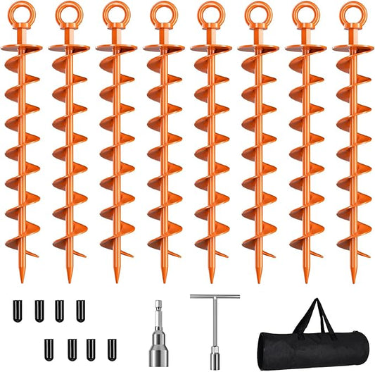 Ground Anchor Screw in, 8 Pack Spiral Trampoline Anchors with Nut and Tool Swing Set Anchors Tent Stakes High Wind Heavy Duty for Sheds, Carports, Mobile Home Orange